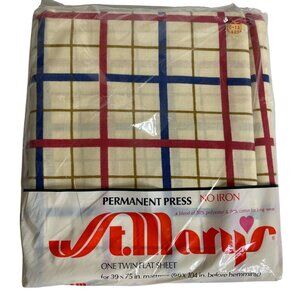 Vintage St. Marys Plaid Twin Flat Sheet Sealed Permanent Press Cotton Blend NOS